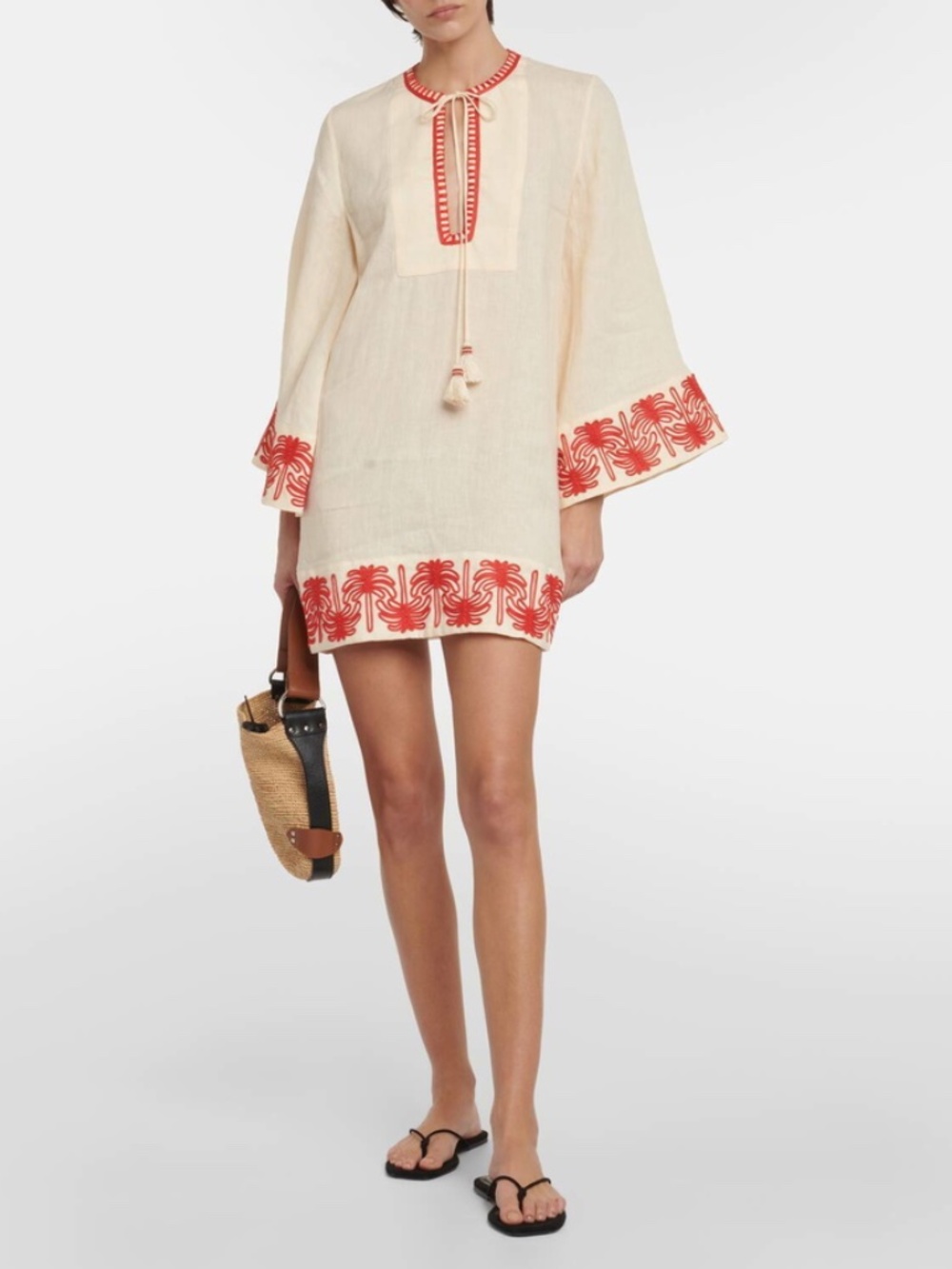 Johanna Ortiz Ocean Clan Embroidered Mini Dress in Cream Organic Linen-Blend